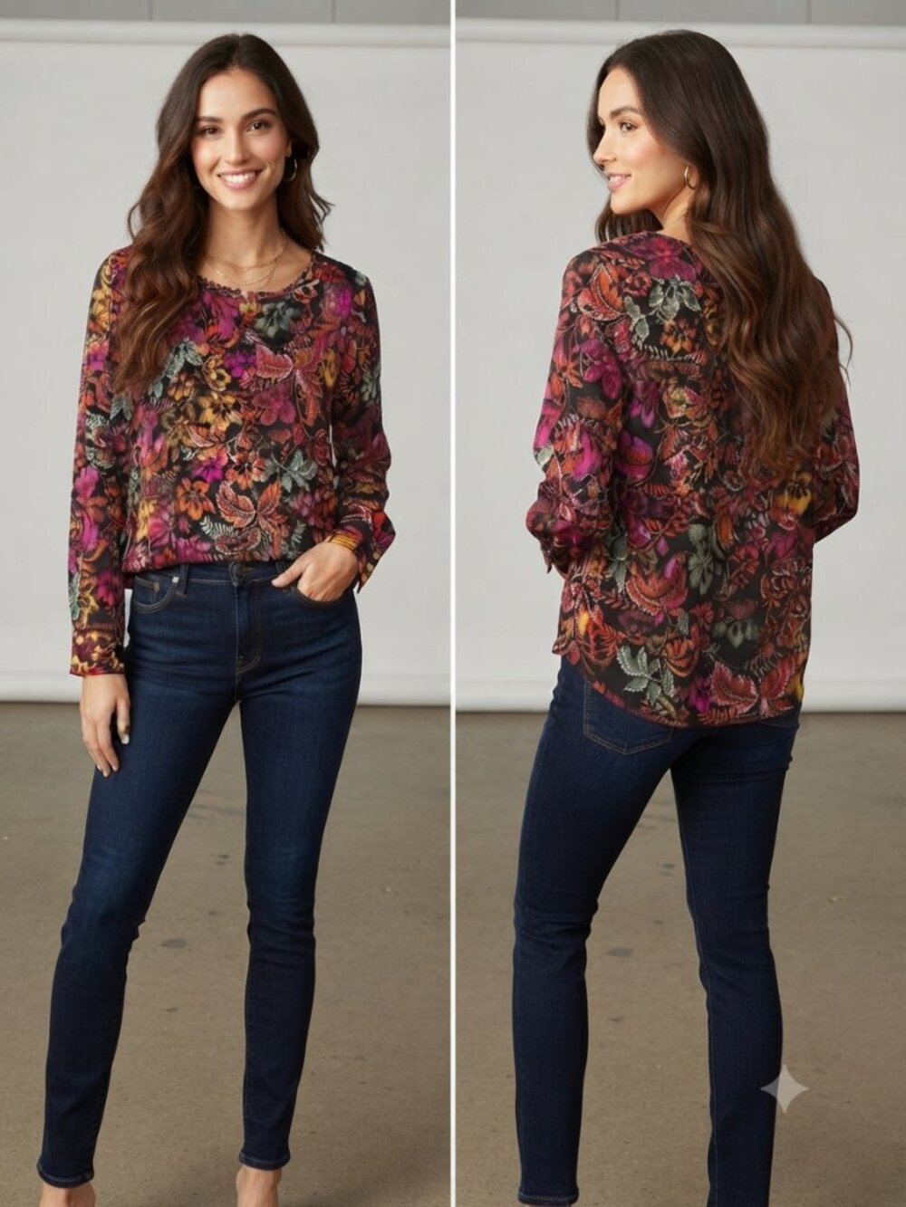 Investments Floral Long Sleeve Blouse Size XL Black Multi-Color Button Detail